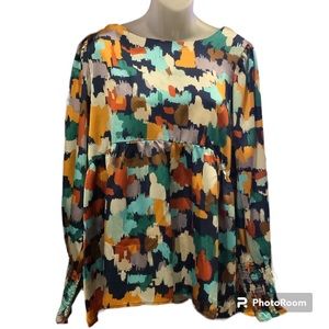 Entro Women’s Brushstrokes Sateen Smocked Sleeves Top size Large